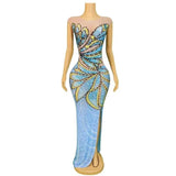 Blue Rhinestones Flower Birthday Dress Women - LuxNovaHub 