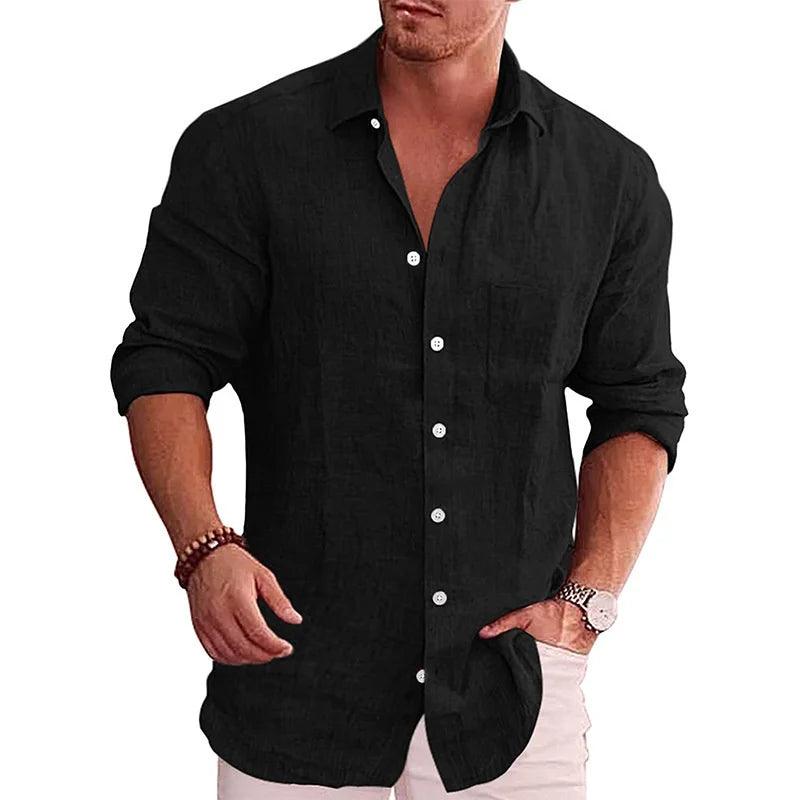 Men's Loose Solid Shirt Flax Polo Collar Long Sleeve - LuxNovaHub 