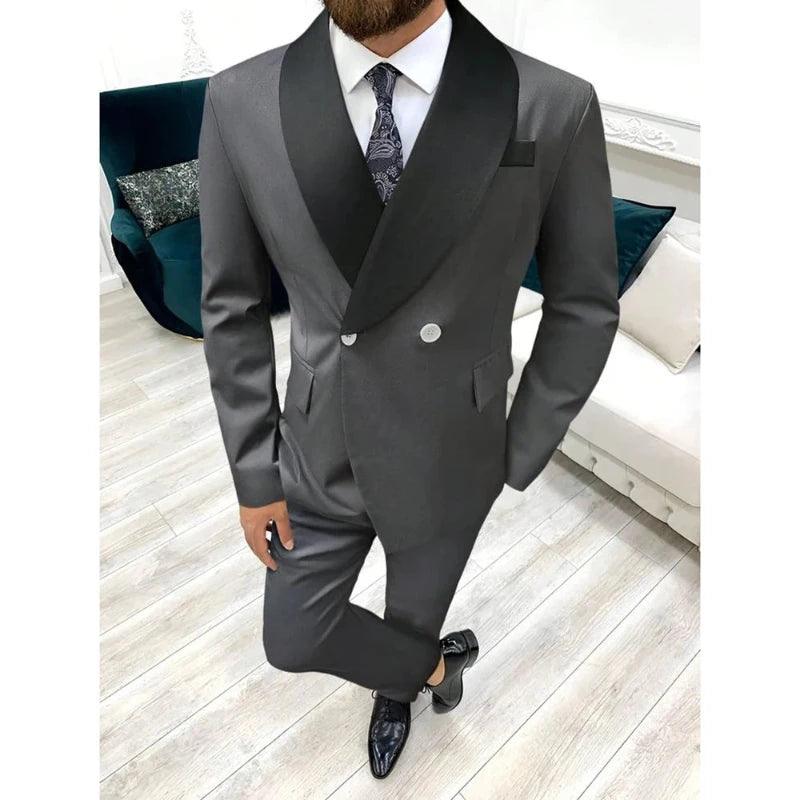 Dark Grey Men's Suits Black Shawl Lapel Double - LuxNovaHub 