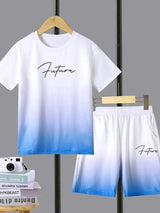 2Pcs/Set Boys Blue White Gradient With Letter Printed - LuxNovaHub 