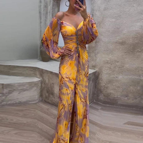 Sexy New Off Shoulder Tie Dye Pleated Bodycon - LuxNovaHub 