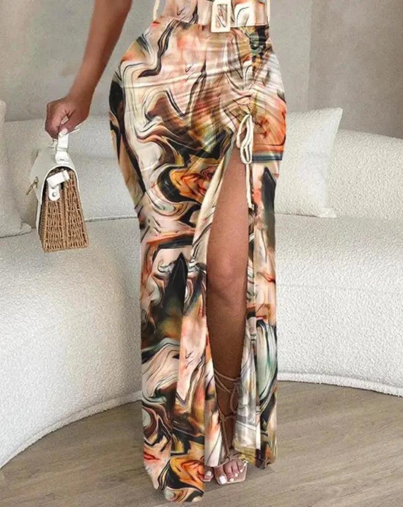 Summer Casual Tie Dye Print Slit Drawstring Maxi - LuxNovaHub 