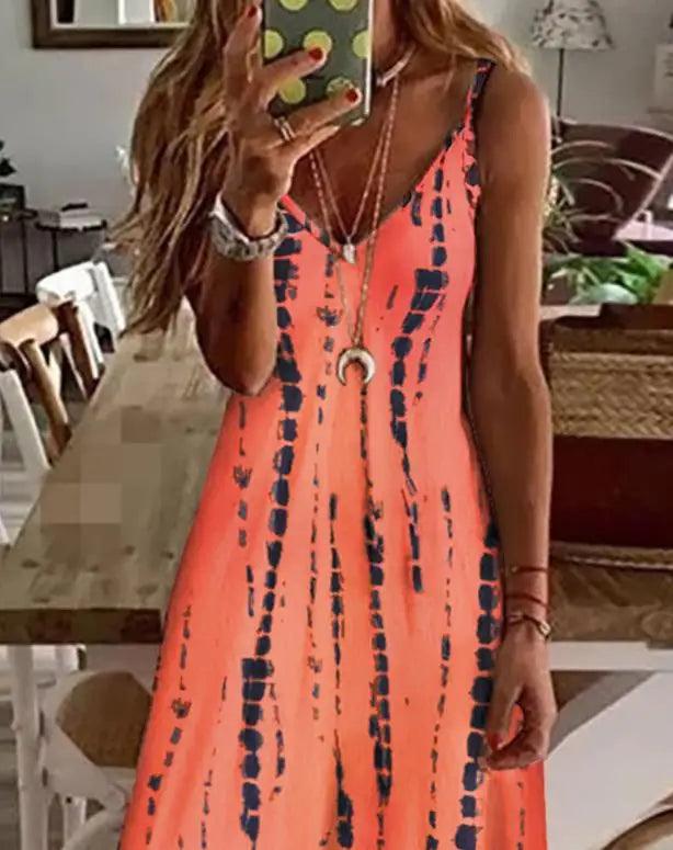 Women Tie Dye Print Colorblock V-Neck Maxi - LuxNovaHub 