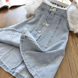 Children Girls Beads Lace Sleeve Denim - LuxNovaHub 