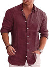 Men's Loose Solid Shirt Flax Polo Collar Long Sleeve - LuxNovaHub 