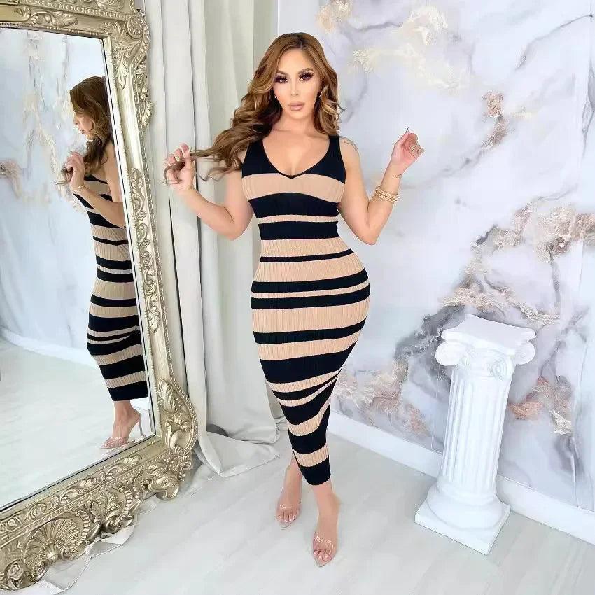 Elegant V-Neck Striped Maxi - LuxNovaHub 