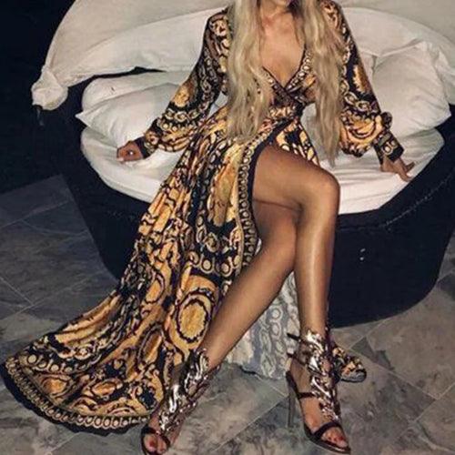 Womens Boho V-Neck Printed Sundress Long Maxi - LuxNovaHub 