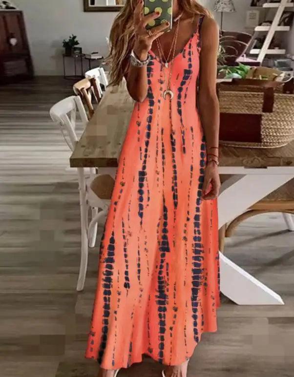 Women Tie Dye Print Colorblock V-Neck Maxi - LuxNovaHub 