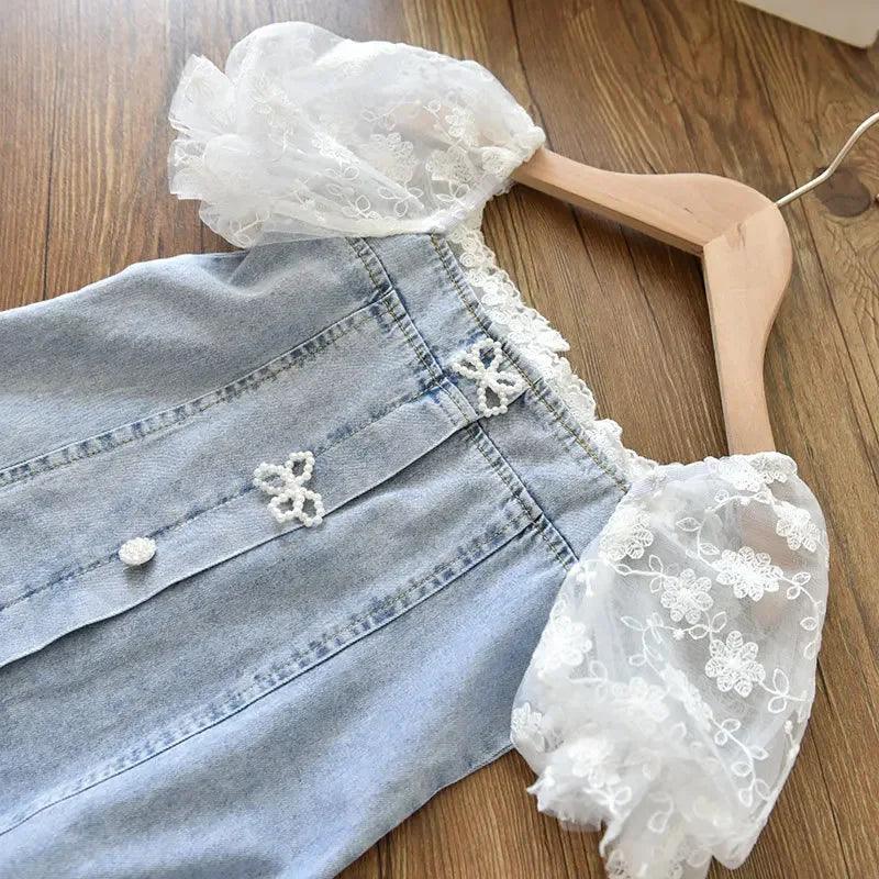 Children Girls Beads Lace Sleeve Denim - LuxNovaHub 