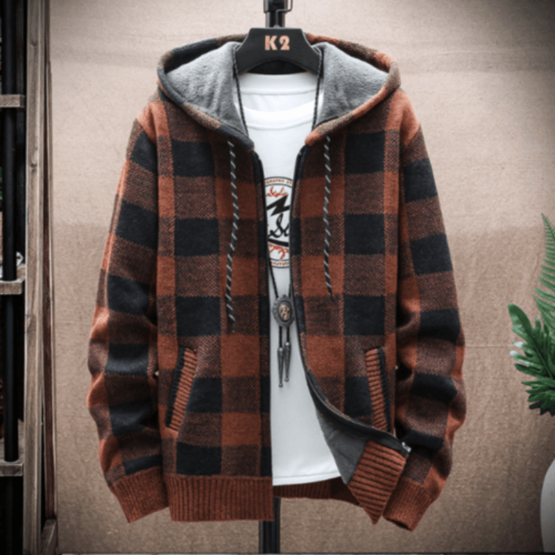 Mens Hooded Plaid Zipped Up Jacket - LuxNovaHub 