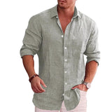 Men's Loose Solid Shirt Flax Polo Collar Long Sleeve - LuxNovaHub 