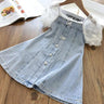 Children Girls Beads Lace Sleeve Denim - LuxNovaHub 