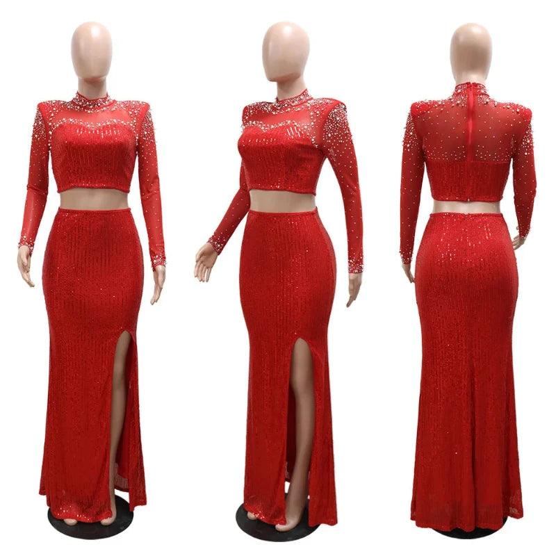 Sexy Rhinestone Dress 2 Piece Skirt Sets - LuxNovaHub 