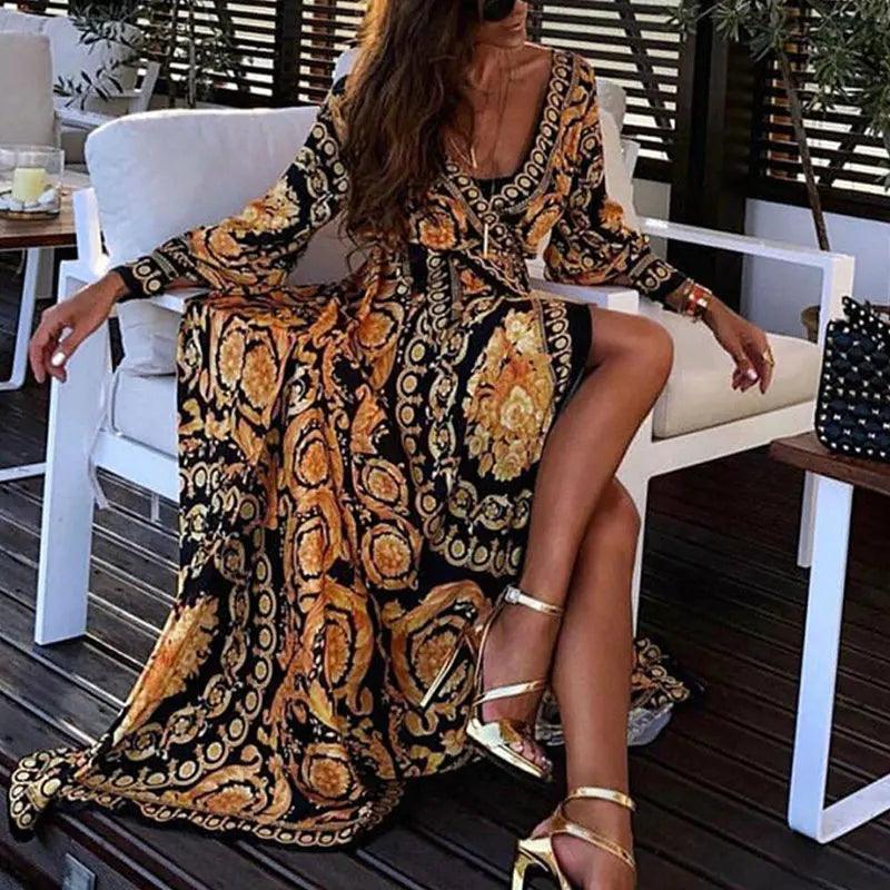 Womens Boho V-Neck Printed Sundress Long Maxi - LuxNovaHub 