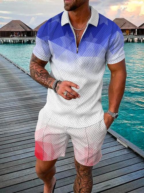 Men's Shorts Set Sleeve Zip Polo Shirt - LuxNovaHub 