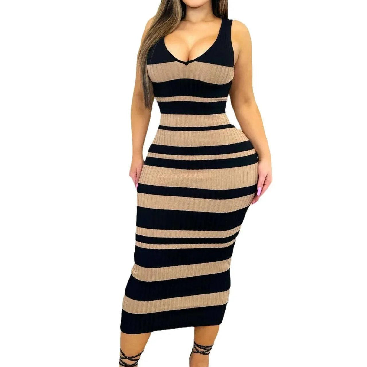 Elegant V-Neck Striped Maxi - LuxNovaHub 