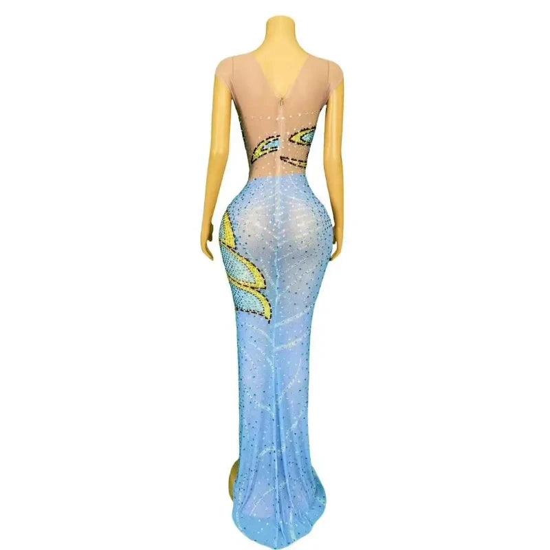 Blue Rhinestones Flower Birthday Dress Women - LuxNovaHub 