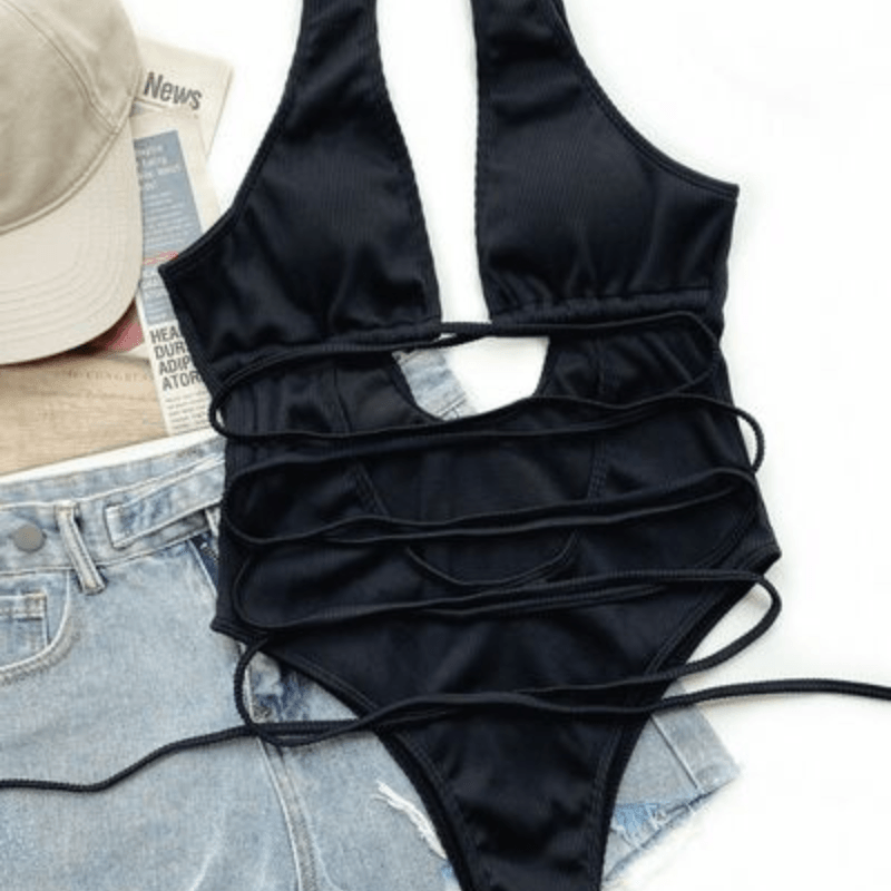 Ribbed Lace Up One-Piece Swimsuit - LuxNovaHub 