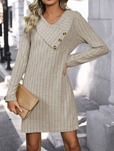 V-Neck Long Sleeve Knit Dress - LuxNovaHub 