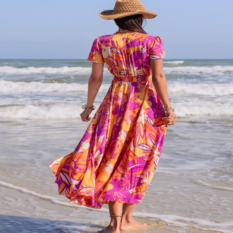 Printed V-Neck Short Sleeve Midi Dress - LuxNovaHub 