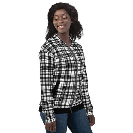 Womens Bomber Jacket, Black & White Plaid Style - LuxNovaHub 