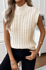 Oatmeal Cable Knit High Neck Sweater Vest - LuxNovaHub 