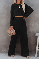 Black Corded Cropped Pullover and Wide Leg Pants Set - LuxNovaHub 