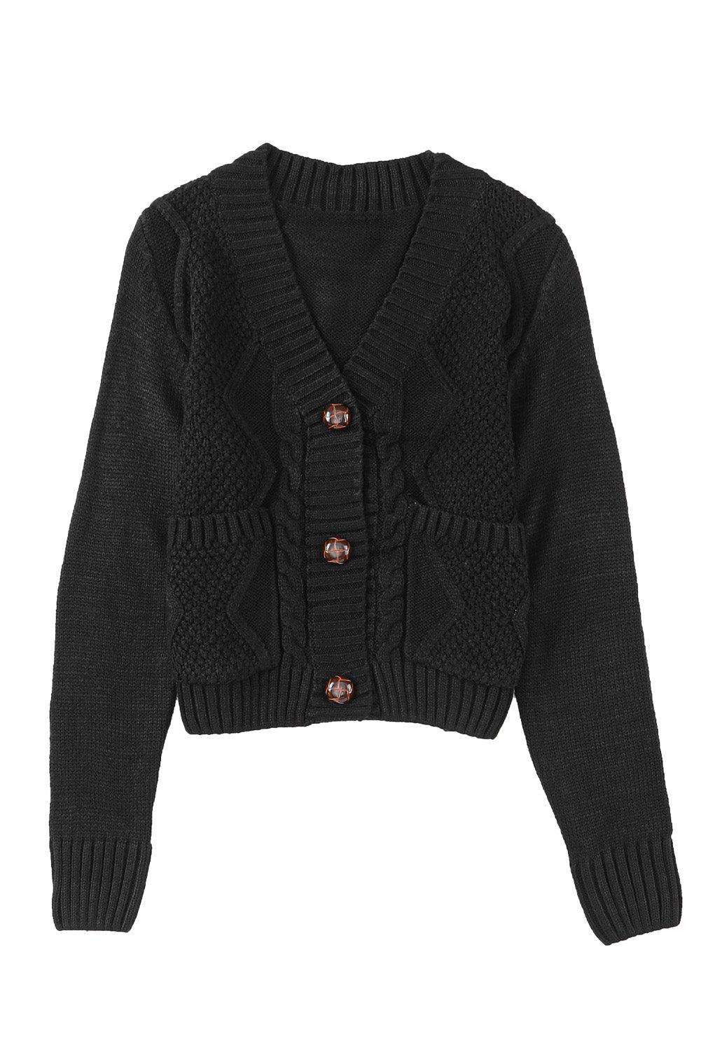 Black Front Pockets Buttons Textured Cardigan - LuxNovaHub 