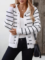 Striped Button Up Long Sleeve Hooded Cardigan - LuxNovaHub 