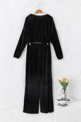 Black Corded Cropped Pullover and Wide Leg Pants Set - LuxNovaHub 