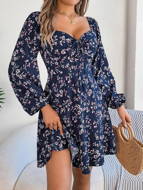 Printed Sweetheart Neck Balloon Sleeve - LuxNovaHub 