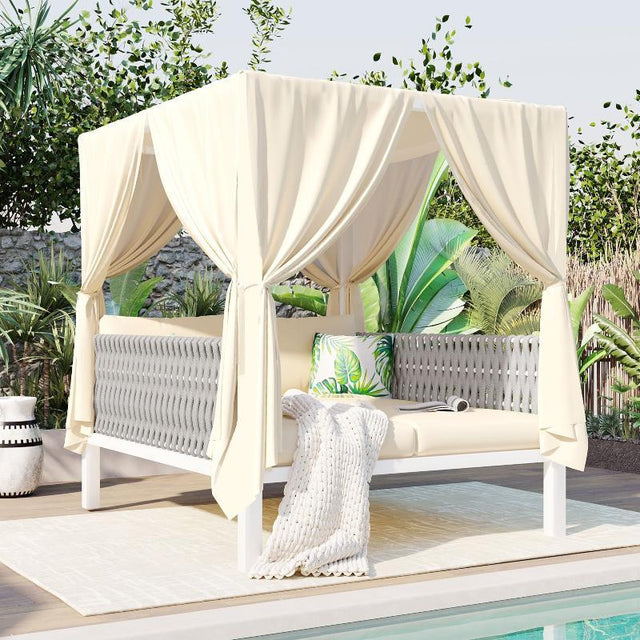 Outdoor Patio Sunbed with Curtains, High Comfort, Suitable - LuxNovaHub 