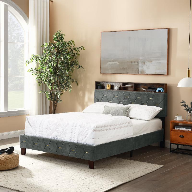 Full Size Bed Frame, Shelf Upholstered Headboard - LuxNovaHub 