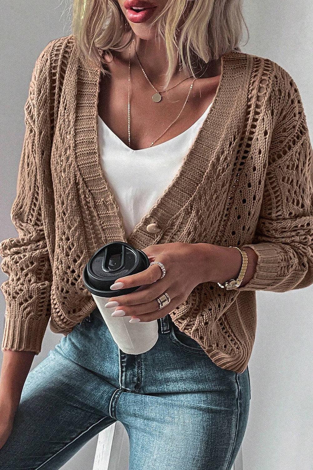 Dark Khaki Open Knit Drop Shoulder - LuxNovaHub 