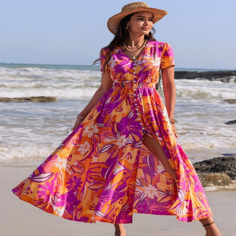 Printed V-Neck Short Sleeve Midi Dress - LuxNovaHub 