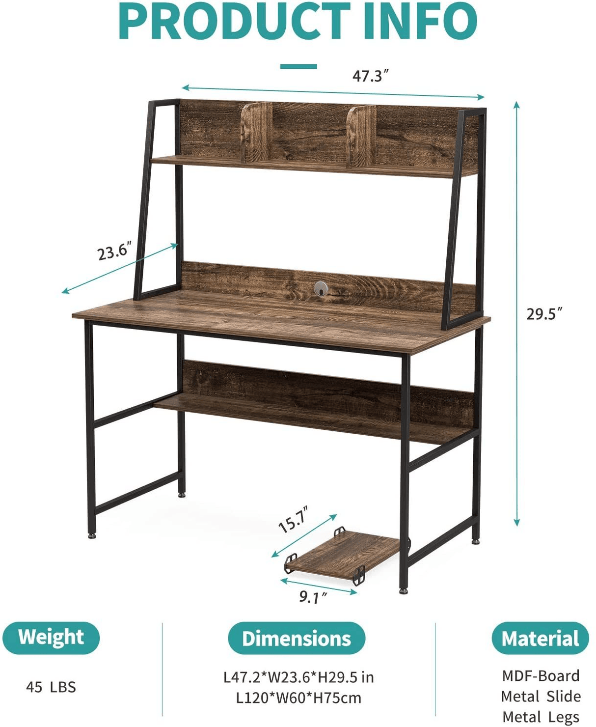 47 Inch Computer Desk with Shelves Sturdy Writing Desk - LuxNovaHub 