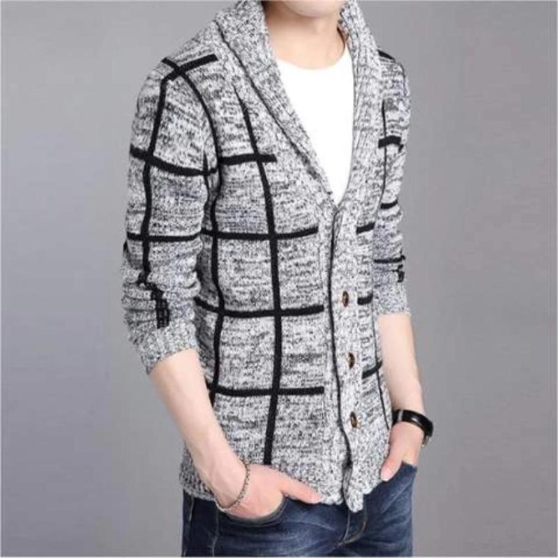 Mens Shawl Collar Gray Cardigan - LuxNovaHub 