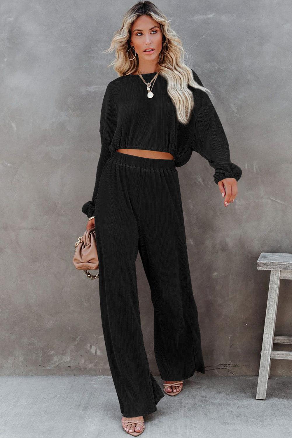 Black Corded Cropped Pullover and Wide Leg Pants Set - LuxNovaHub 