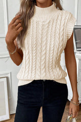 Oatmeal Cable Knit High Neck Sweater Vest - LuxNovaHub 