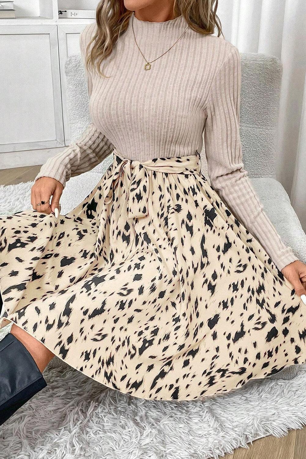 Beige Ribbed Knit Belted A-line Dress - LuxNovaHub 