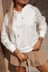 White Lace Patchwork Sleeve Drawstring Hoodie - LuxNovaHub 