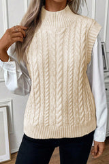 Oatmeal Cable Knit High Neck Sweater Vest - LuxNovaHub 