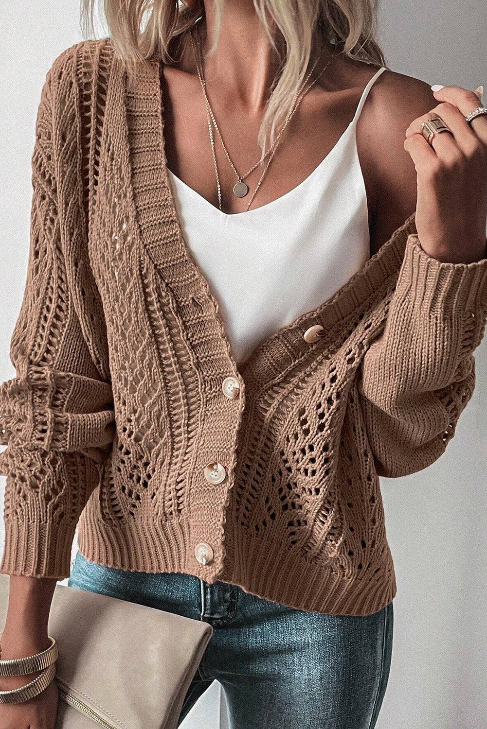 Dark Khaki Open Knit Drop Shoulder - LuxNovaHub 