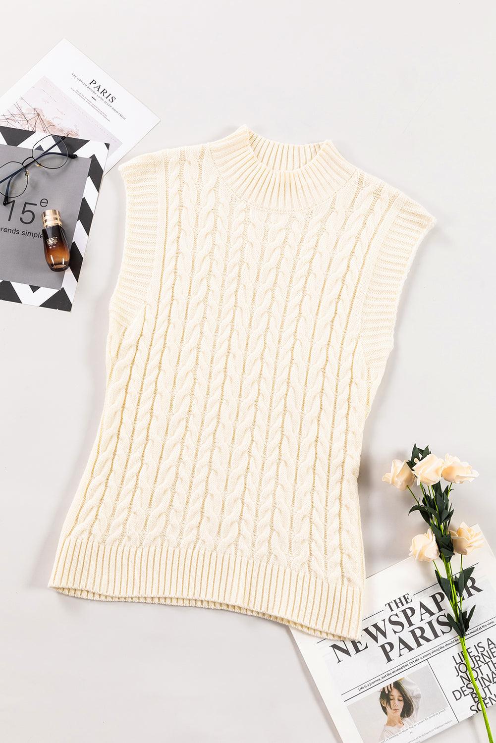 Oatmeal Cable Knit High Neck Sweater Vest - LuxNovaHub 