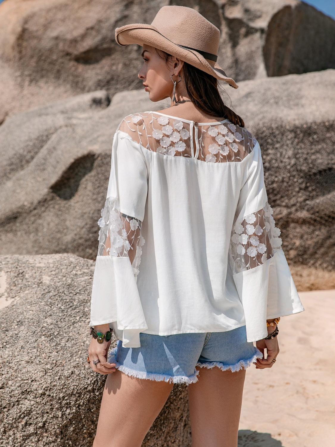 Lace Round Neck Long Sleeve Blouse - LuxNovaHub 