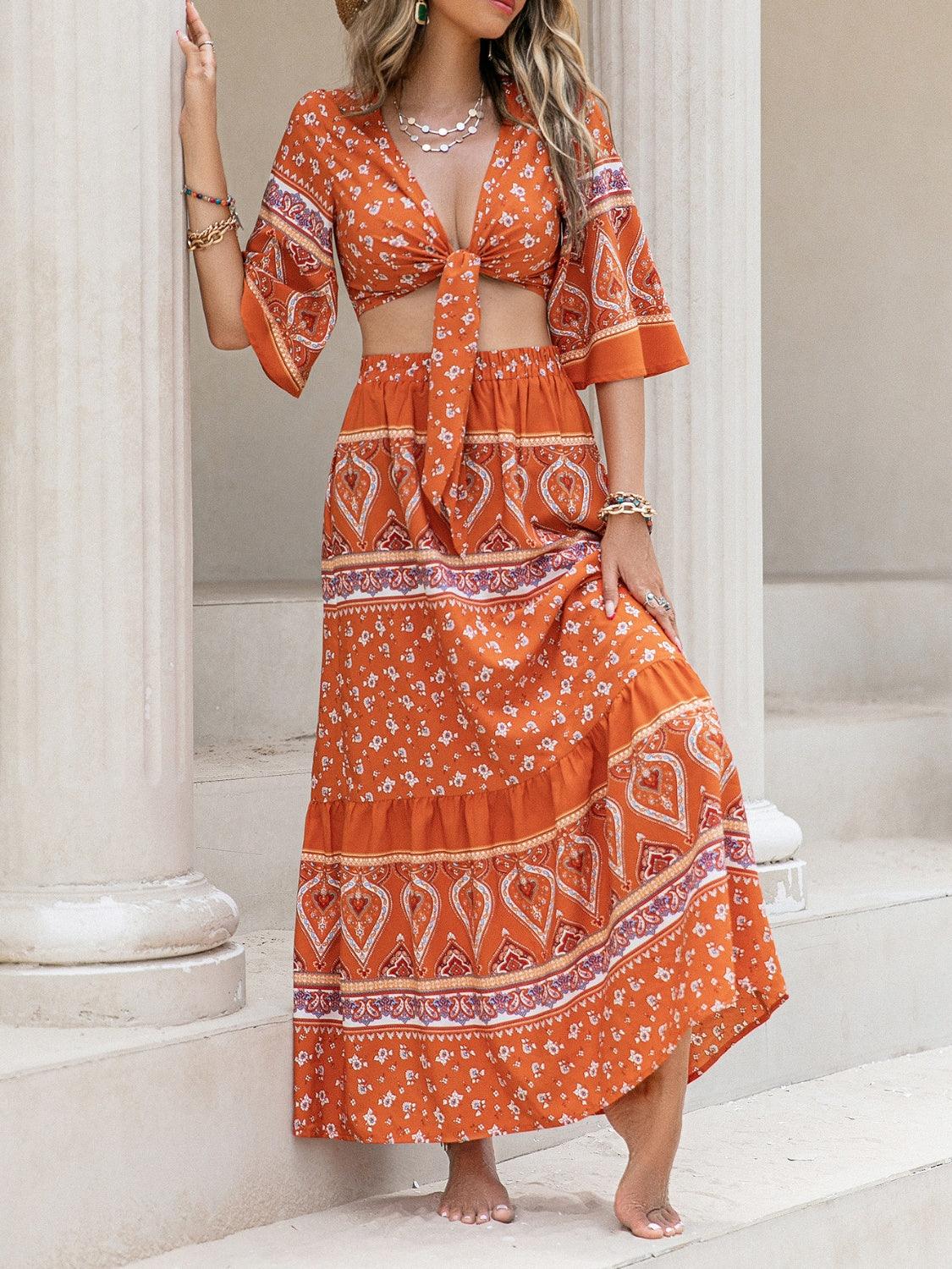 Printed Plunge Half Sleeve Top and Skirt Set - LuxNovaHub 