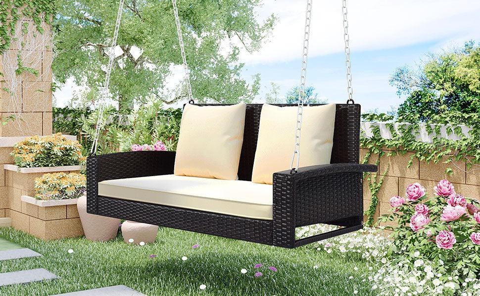 Wicker Hanging Porch Swing with Chains - LuxNovaHub 