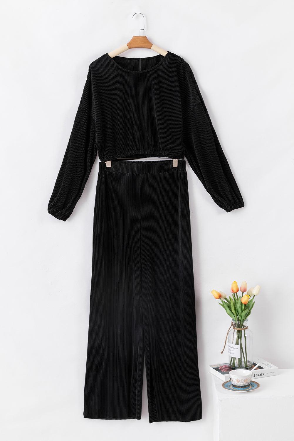 Black Corded Cropped Pullover and Wide Leg Pants Set - LuxNovaHub 