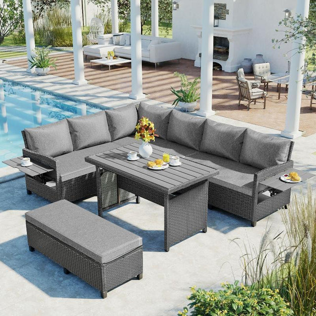 5-Piece Outdoor Patio Rattan Sofa Set, Sectional PE Wicker L-Shaped - LuxNovaHub 