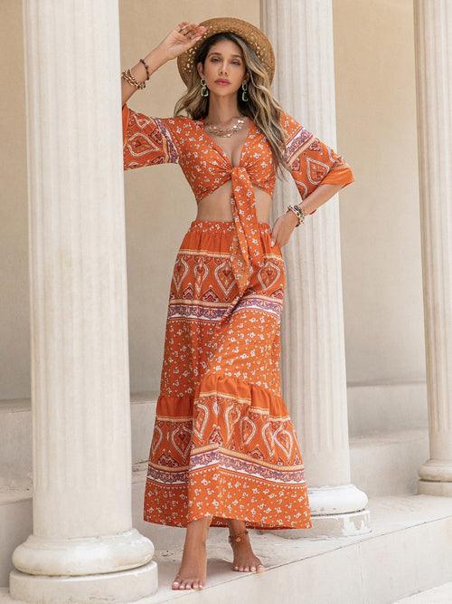 Printed Plunge Half Sleeve Top and Skirt Set - LuxNovaHub 